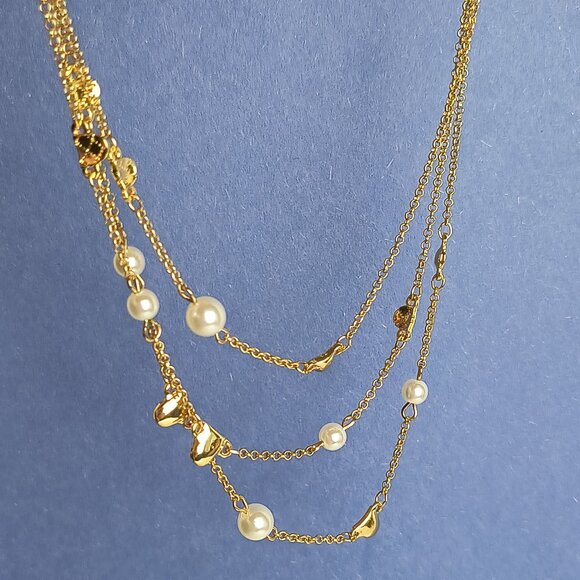 Multi Strand Faux Pearl Gold Tone Layered Necklace Lobster Claw Clasp Casual - Picture 3 of 6